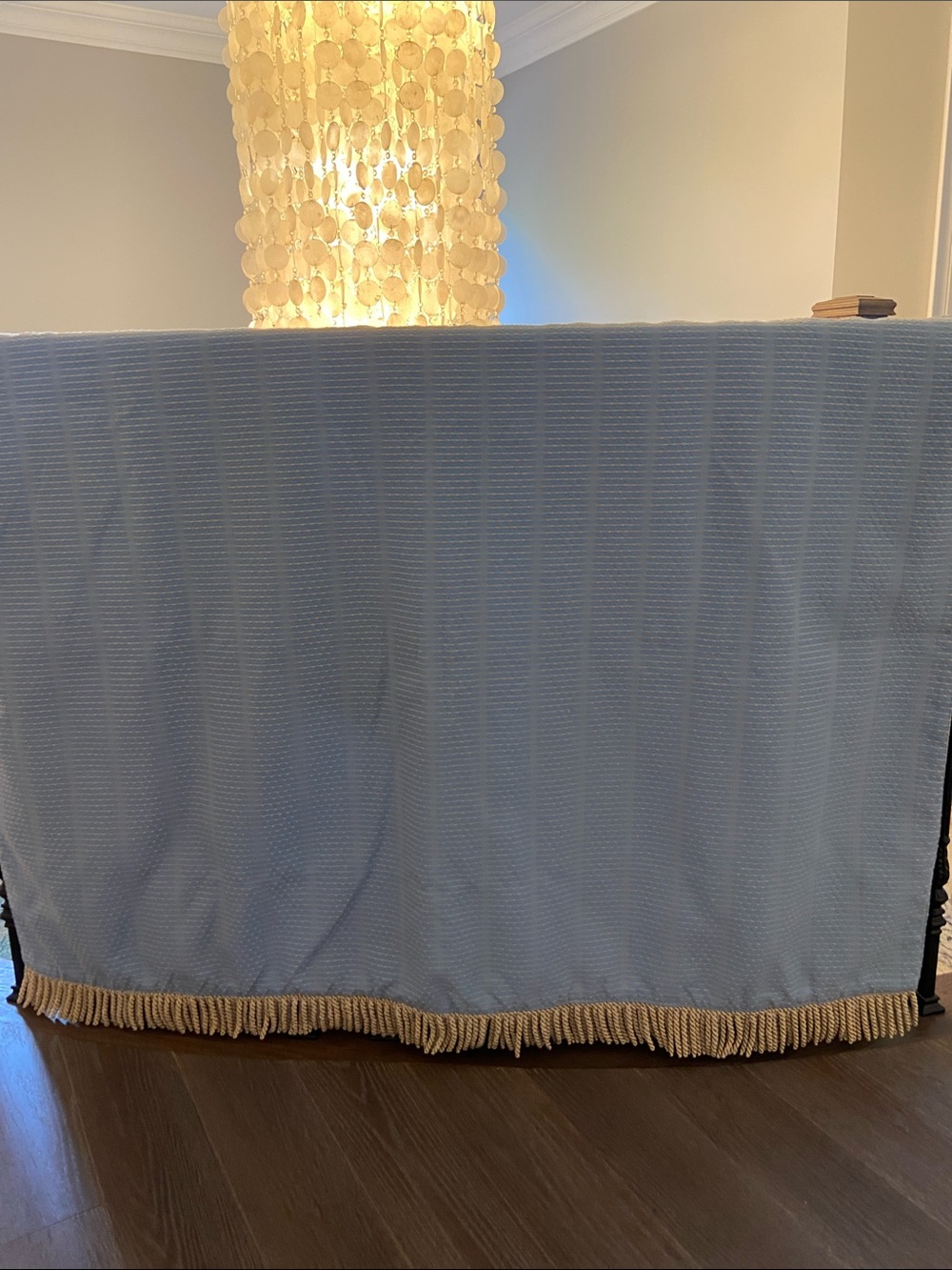 Vintage Queen Size Blanket/Coverlet Blue and Gold Waffle Weave with Fringe.